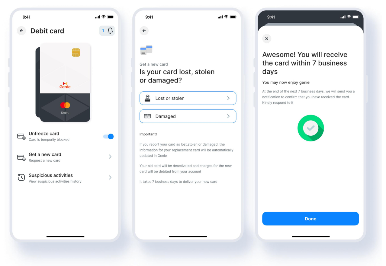 Card management screens &mdash; freeze toggle, replacement flow